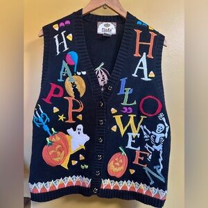 TIARA Women's Black Skeleton Pumpkin Ghost Halloween Sweater Vest Button Up VTG